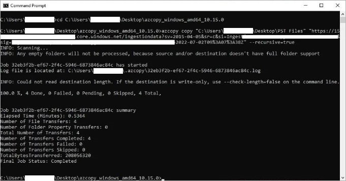 command to upload the PST files to Azure Storage
